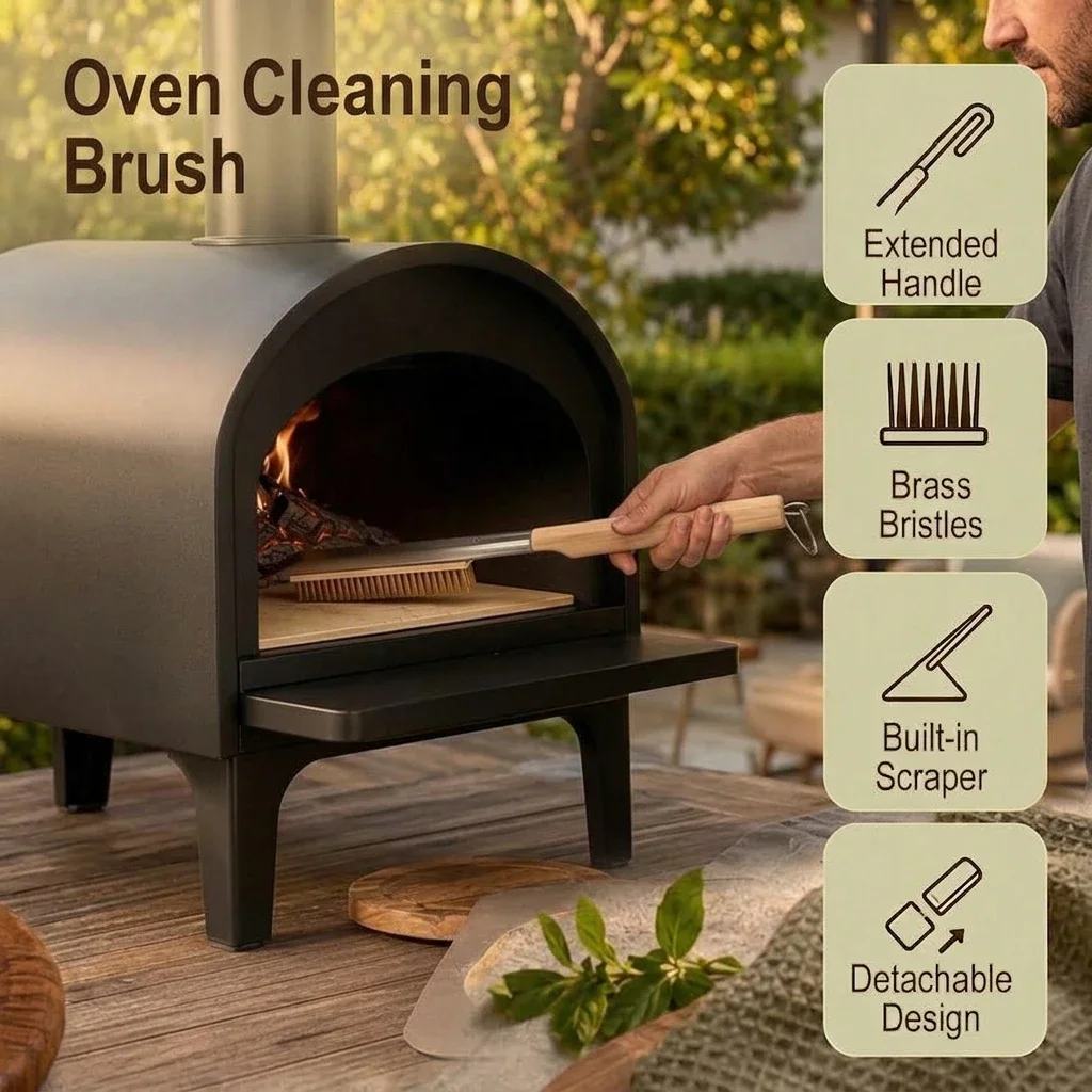2-in-1 Brass Wire Pizza Oven Cleaner Brush Detachable Wooden Handle Scraper for Outdoor Wood Fired Pizza Oven BBQ Accessories