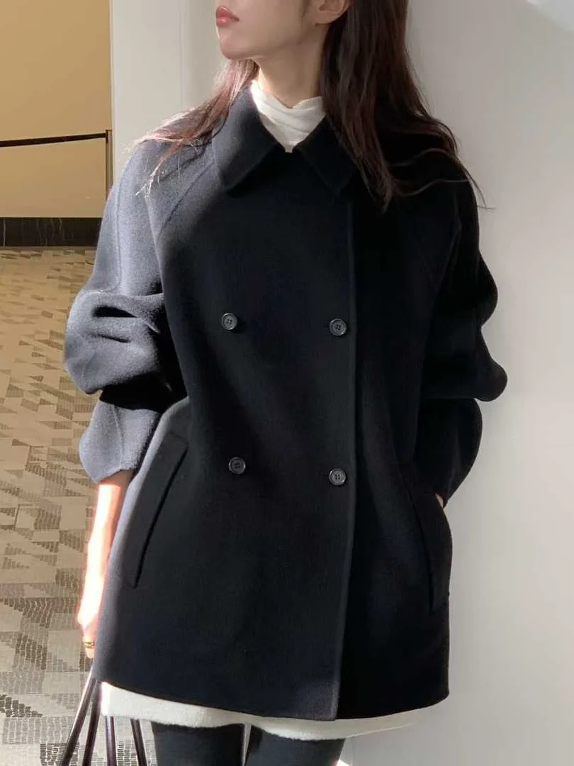 

Шикарное свободное шерстяное пальто с двойной пуговицей в стиле ретро, женское модное осенне-зимнее пальто небольшого размера, длинный плащ из полиэфирного волокна све