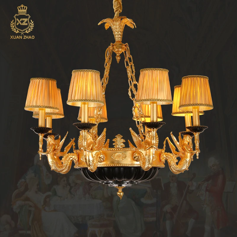 

French Classical Fabric Shades Chandelier 24K Matte Gold Decoration Style Living Room Chandeliers