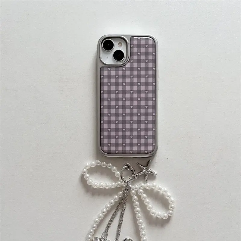 Rosa púrpura en forma de corazón a cuadros coreano ins chica corazón lindo teléfono caso para Samsung S 23 24 25 26 FE ULTRA EDGE PLUS Y2K cubierta