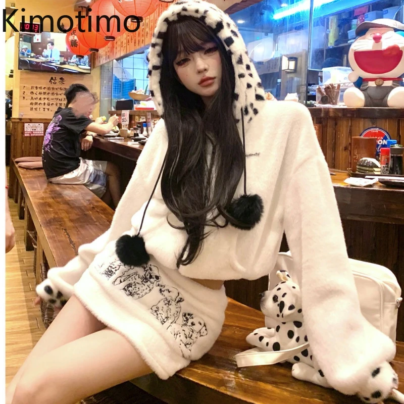 

Kimotimo Cute Two Piece Sets Women Zipper Short Hoodies Cartoon Print Mini Skirt 2025 Autumn Y2k Aesthetic Slim Suits Streetwear
