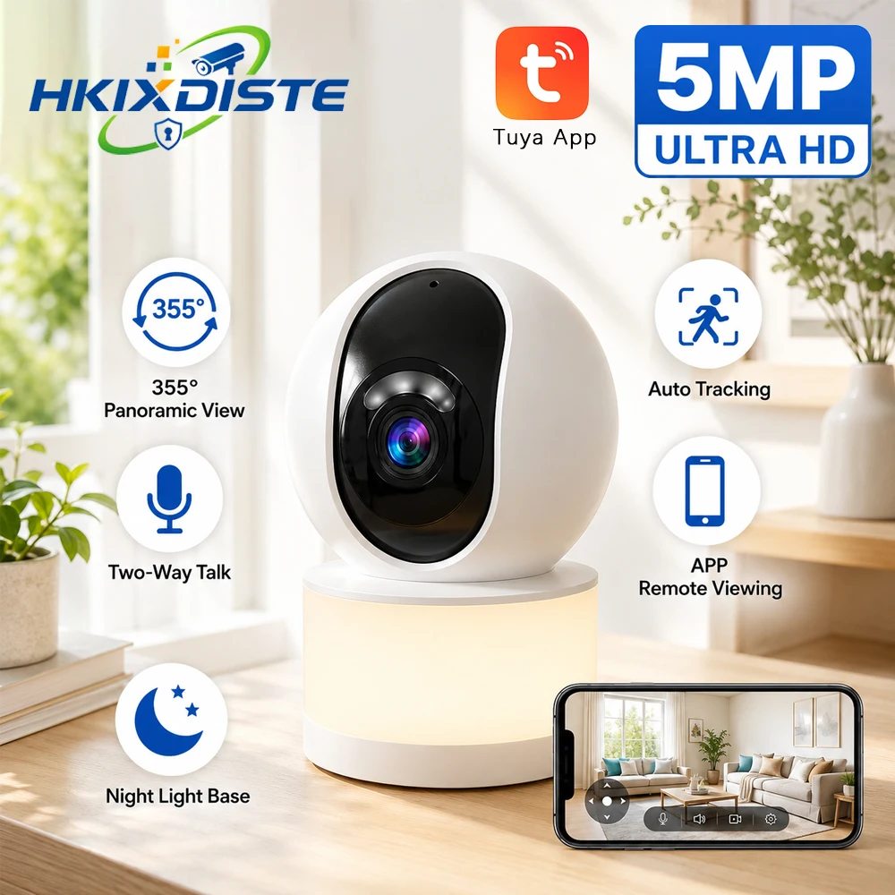 Tuya 5MP WiFi Indoor Security Camera 355 Pan Tilt Auto Tracking Two Way Audio Night Light Smart Life Remote CCTV Monitor HD View
