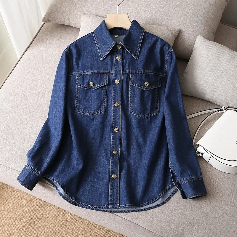 

Fashion Women Denim Solid Single Breasted Blouse Vintage Lapel Neck Long Sleeve Female Chic Lady Shirts With Pockets