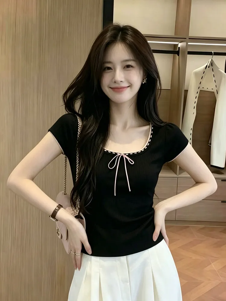 Cool Sweet Style Black Square Collar T-Shirt Summer New Pink Thread Color Match Shoulder Line Personality Versatile Ladies Top