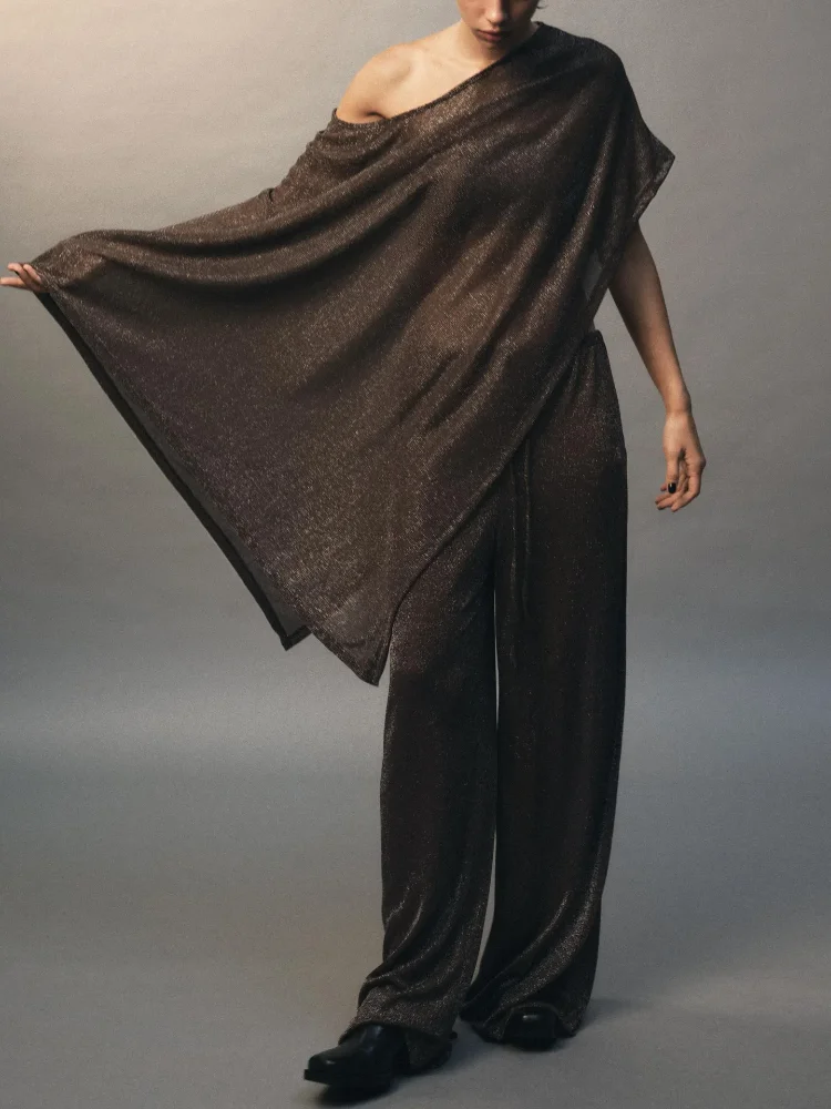 

Solid Color Shiny Silk Cape Top Women Casual Fashionable Irregular Hem Off Shoulder Tops Lady Daily New Chic Highstreet Blouses