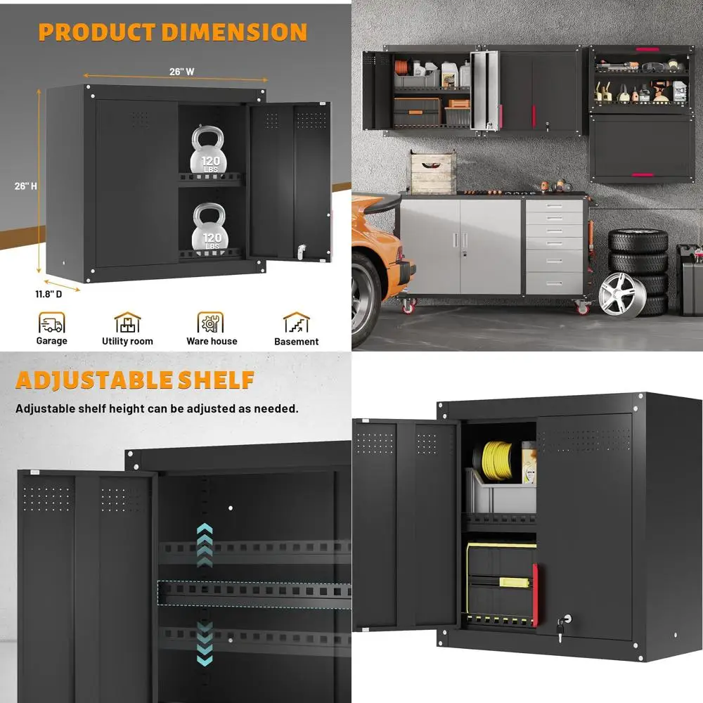 

26-дюймовый металлический настенный шкаф для гаража с регулируемыми полками и запирающейся дверцей для хранения вещей в гараже и подвале