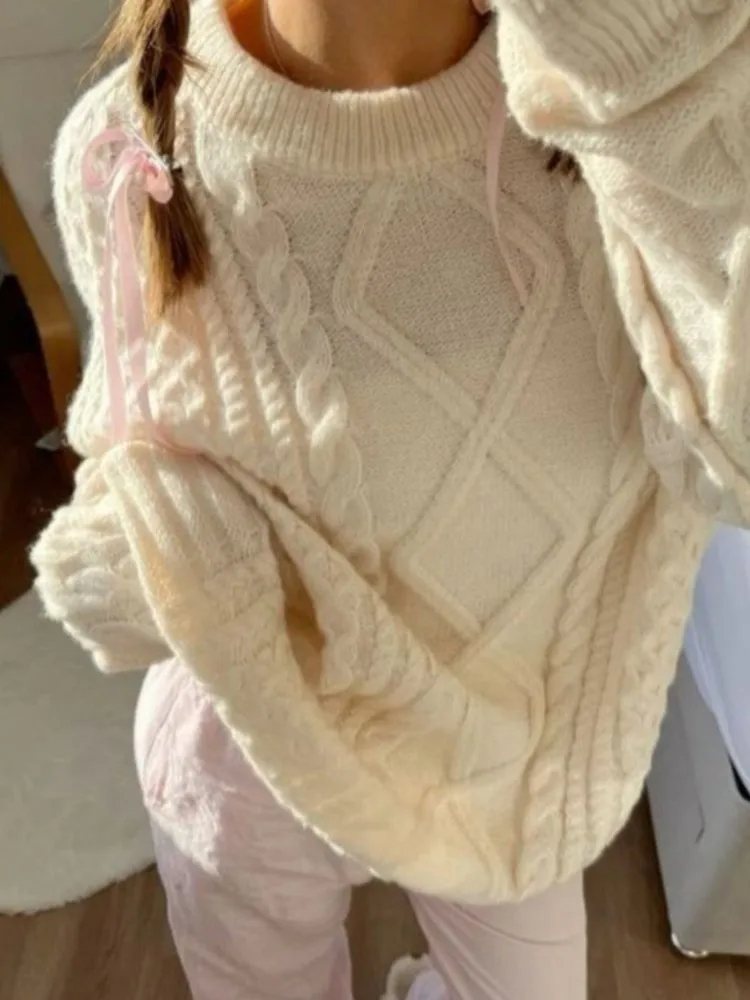 

Бежевый вязаный свитер с цветочным принтом, женский осенний джемпер с круглым вырезом и длинными рукавами, повседневный универсальный пуловер, милые свитера в консервативном стиле