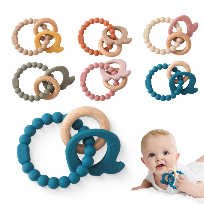 

1Pc Baby Silicone Bracelet Teether Cute Elephant BPA Free Silicone Pendant Wooden Ring Nursing Accessories Infant Birthday Gifts