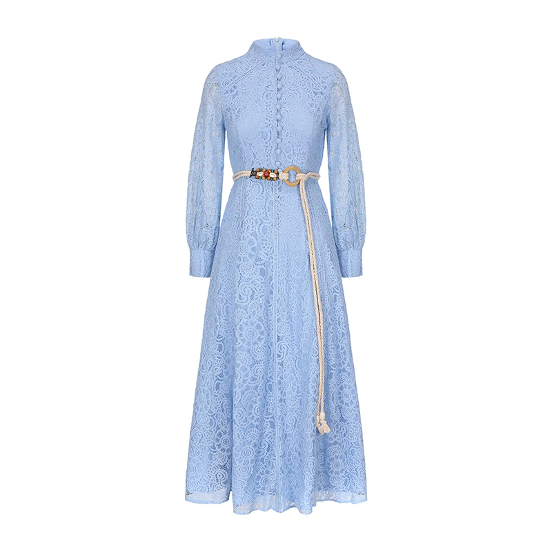 

Luxury Lace Embroidery Prom Dress for Women Stand Collar Single Breasted Lantern Sleeve Long Dress Spring Autumn Elegant