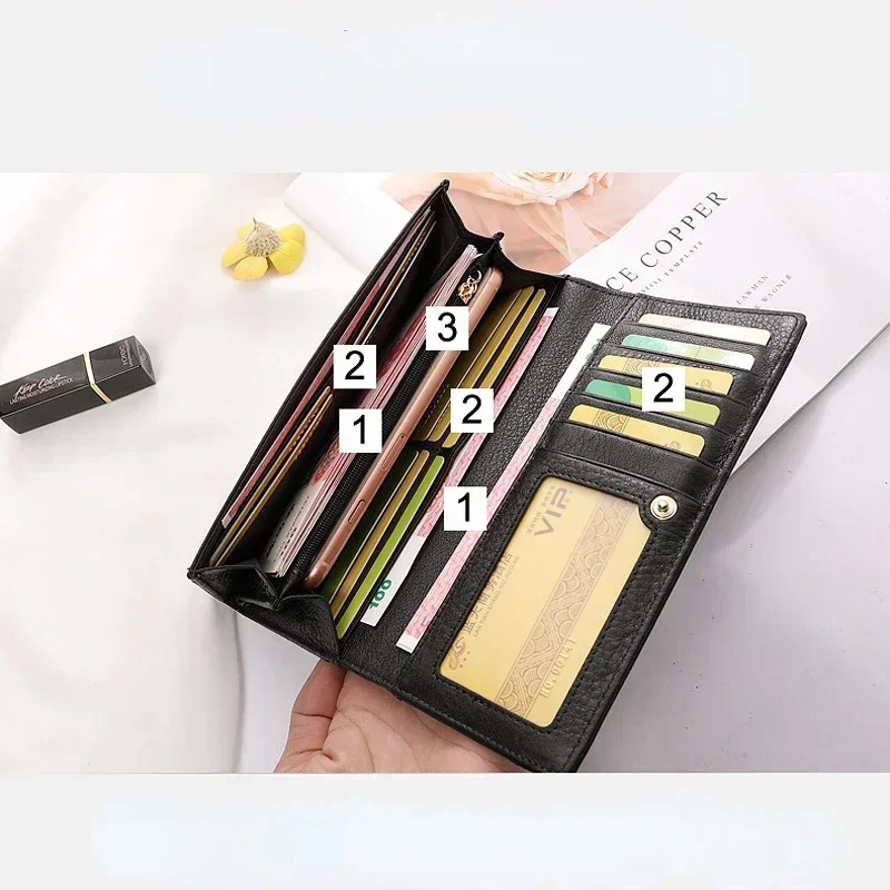 Women Soft Genuine Cow Leather Long Luxury Wallet Vintage Coin Purses Large-capacity Cellphone Clutch Card Holder Money Clip 7-5