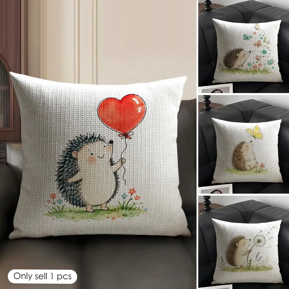 Cute Hedgehog Cushion Cover Linen Organic Fabric Double-Sided Printing Sofa Breathable Home Decor Gift Pillow Case