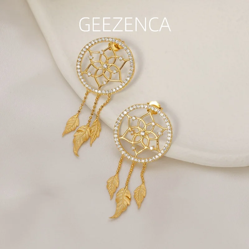 

GEEZENCA S925 Silver 5A Zircon Dream Catcher Net Feather Tassels Earrings For Women Designer Chic Creative Earring 2023 New Gift