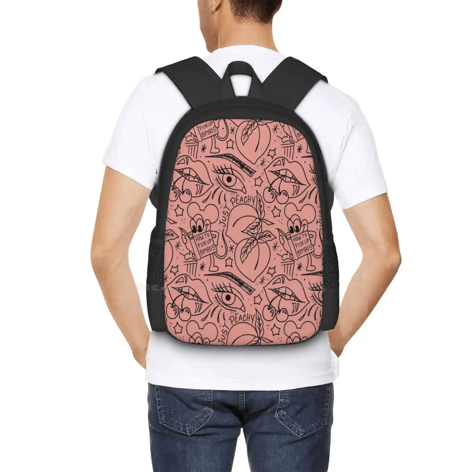 Just Peachy Girl Eye Pattern Bimbos Peach Cherry Pattern Design Bagpack School Bags Traditional Tattoo Tattoos Flash