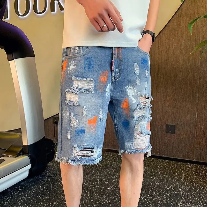 

Men's Distressed Denim Shorts Summer Slim Fit Ripped Jeans Bermuda Casual Hip Hop Loose Five Points Pants