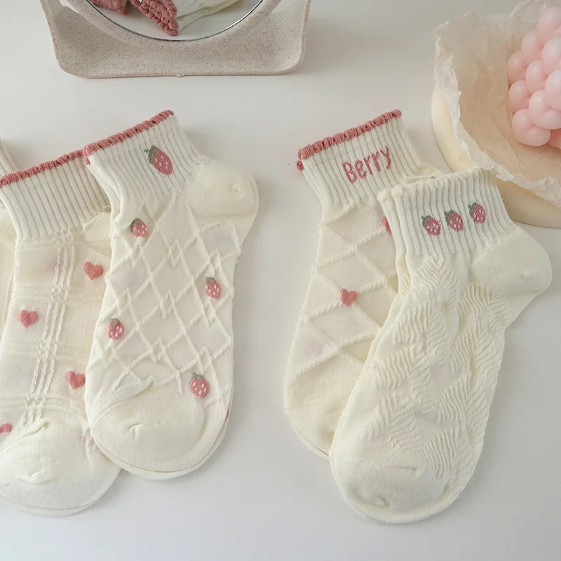 5 Pairs Female Socks Set Pink Strawberry Pattern Sweet Women's Cotton Summer Short Socks Low Tube Kawaii New Fashion Girl Gift