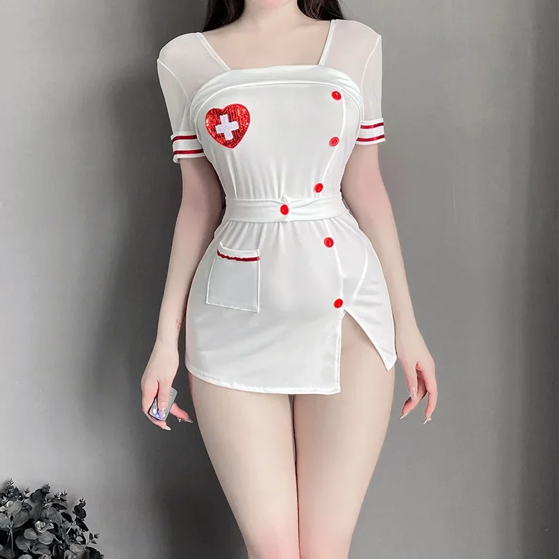 Sexy lingerie erótica enfermeira cosplay traje para mulheres vestido de empregada adulto roleplay outfit senhoras vestido role play uniforme tentação