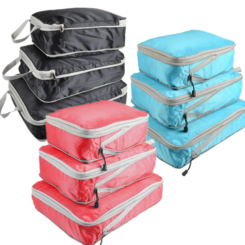 Valise étanche portable en nylon avec sac à main, sac de rangement de voyage, emballage compressible, cubes, ensemble de 3 pièces