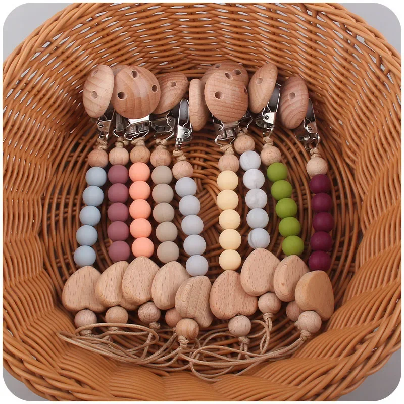 Baby New Beech Wood Heart Pacifier Clips for Babies Newborn Teething Soothing Silicone Beads Dummy Chain Gift Boys Girls