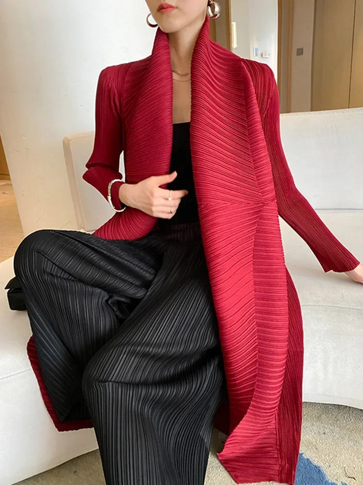 ALSEY Miyake Pleated Lapel Long Sleeves Trench Coat Women Mid Length Elegant Female Streetwear High Waist Plus Size Windbreaker