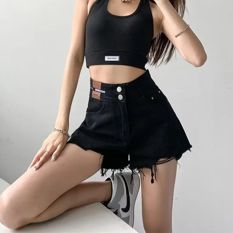 Black High-waisted Denim Shorts Women 2023 Summer New Korean Style Clothes Loose Wide-leg Hot Pants Y2K Casual  Bottoms