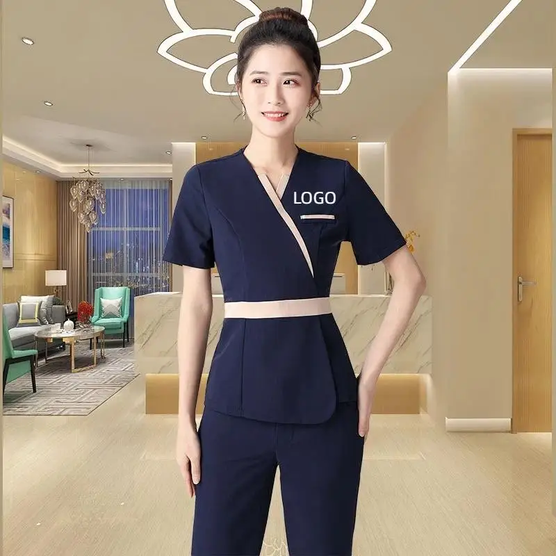 Beautician Uniform Health Center Foot Therapy Spa Work Cosmetic Clothes Set Professional Women Elegant Massage Coat Print LOGO