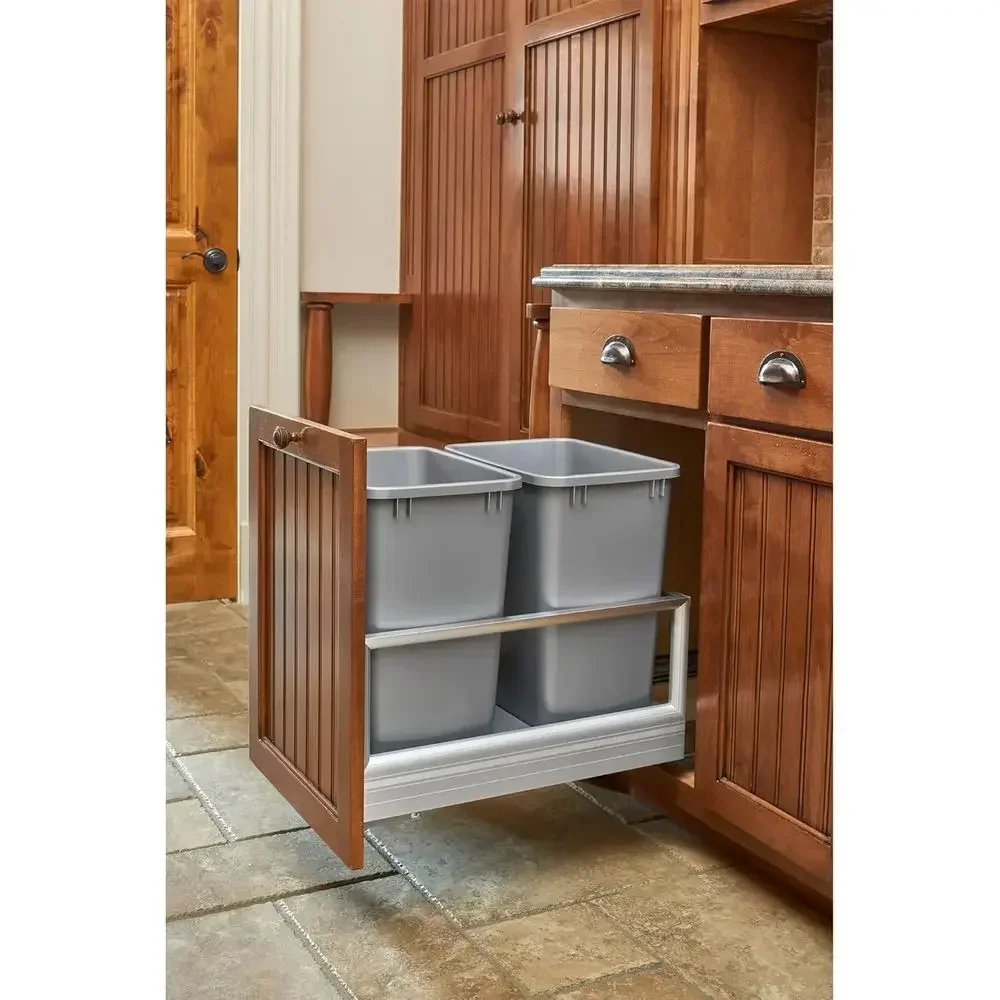 35 Quart Pull-Out Trash Can with Wire Basket, Silver, Kitchen Storage Solution