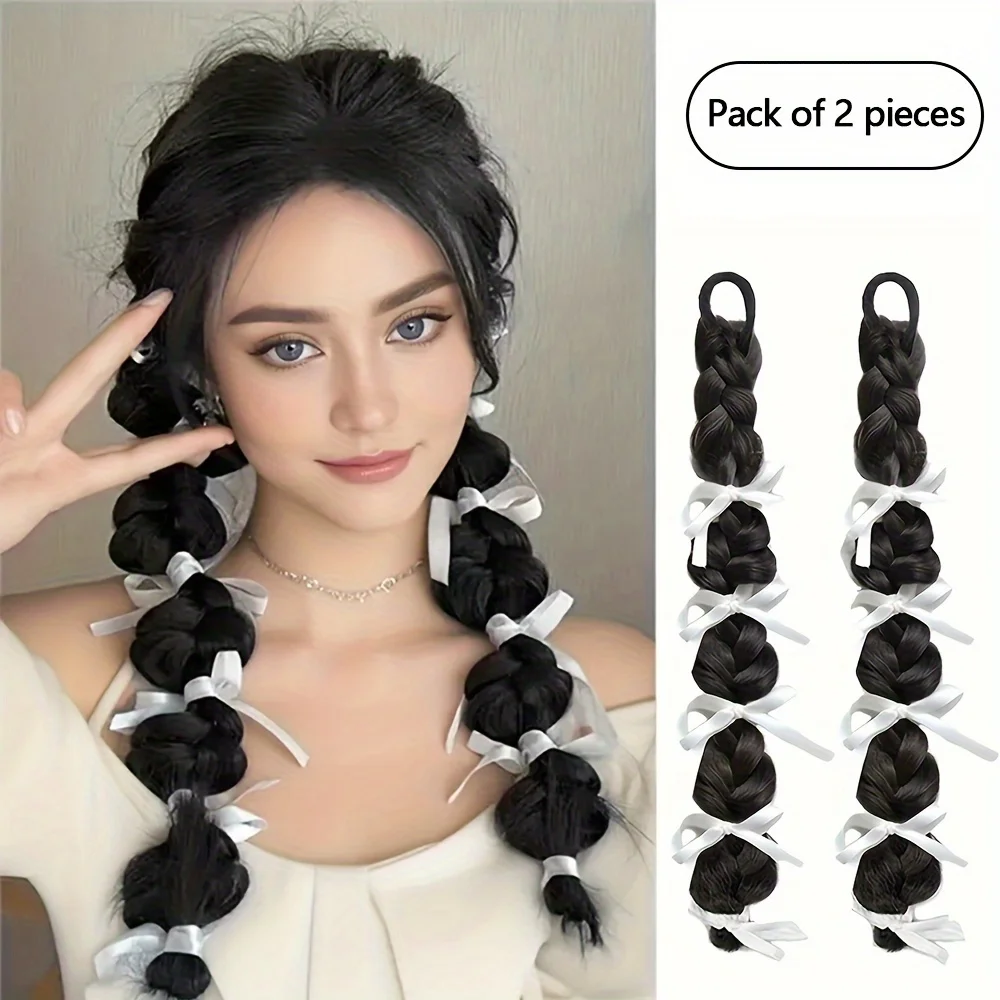 Synthetic Hair Braided Ponytail Extensions Ribbon-Adorned Bubble BraidsThick Lantern BraidsVoluminous Dual Pigtails SetBas