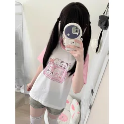 Pink Kawaii T Shirt Rabbit Bear Cartoon Print Cute Patchwork Short Sleeve Summer Top Japanese Harajuku Casual 2024 Women Tees