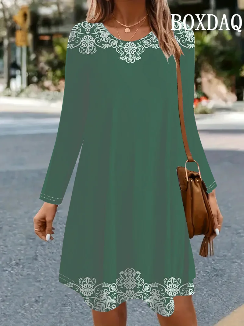 Women Casual O Neck Mini Dress Elegant Retro Printed Long Sleeve Casual Loose A-Line Dress Ladies Fashion Autumn Dresses Vestido