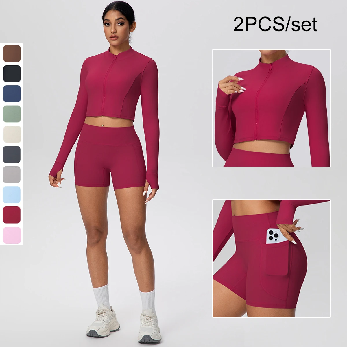 

Комплект для йоги из 2 предметов: женский спортивный костюм однотонного цвета, эластичный комбинезон для фитнеса, костюм для йоги с молнией, длинными рукавами, спортивными карманами и шортами