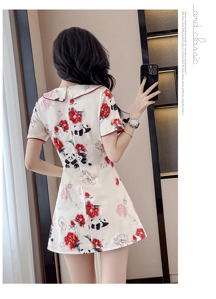 2 piece set New Chinese Style Floral Cheongsam Set - Elegant Qipao Dress & Shorts 2-Piece Outfit with Peter Pan Collar (S-2XL) view 2