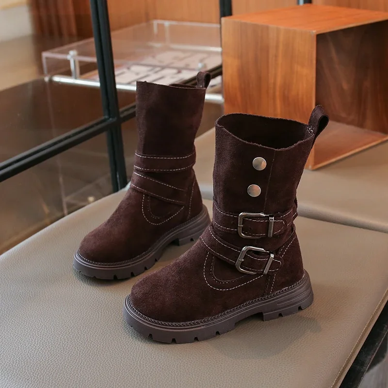 Toddler Girls Fold Over Ankle Boots, Metal Buckle Strap, Rivet Buttons, Non Slip Thick Sole for Autumn Daily Outdoor Wear