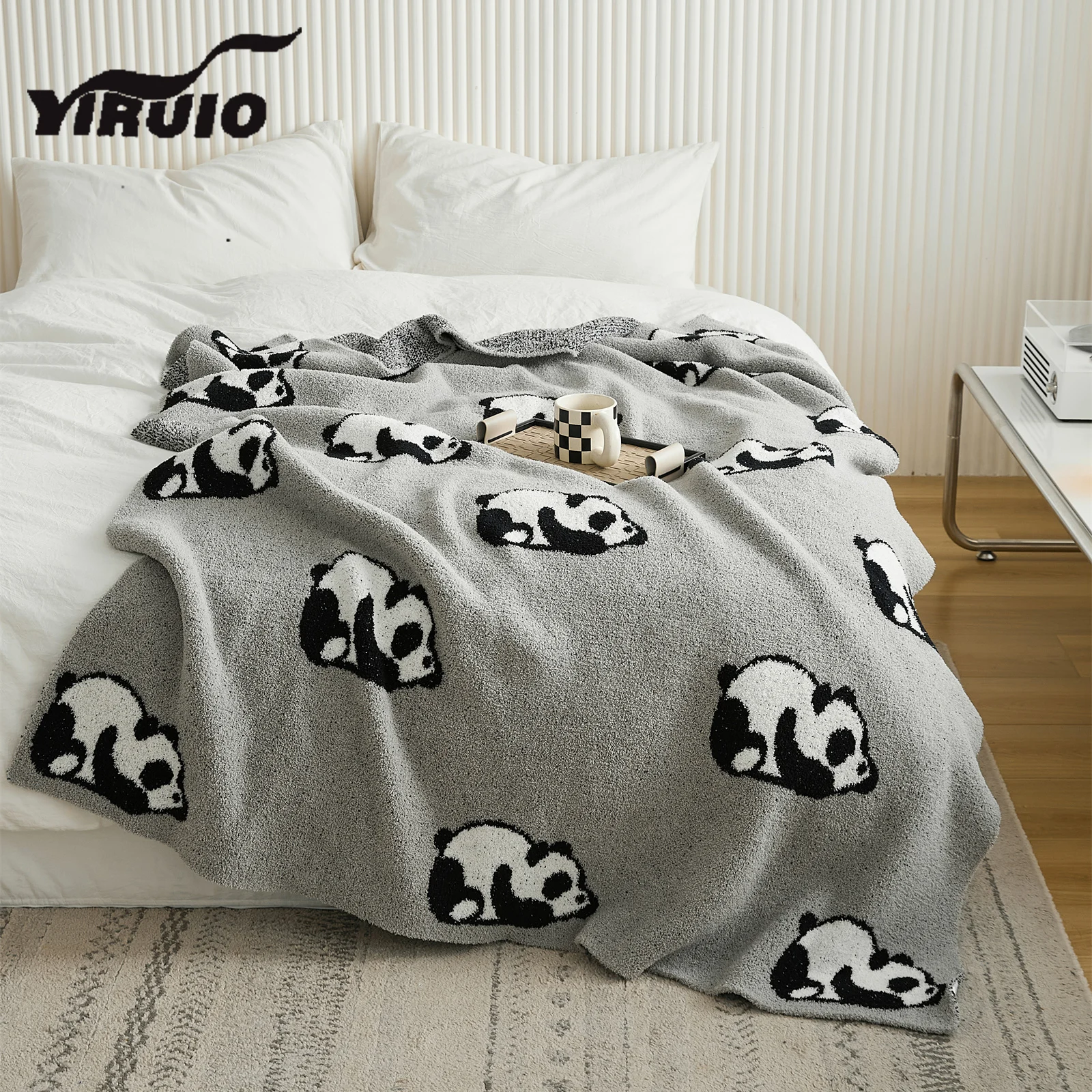 

YIRUIO Kawaii Cartoon Panda Knitted Blanket Autumn Winter Warm Cozy Soft Beige Gray Microfiber Downy Bed Sofa Decorative Blanket