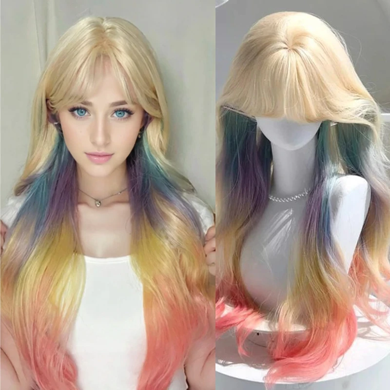 

Синтетические радужные красочные женские парики, светлый парик, 16 дюймов, длинные натуральные волнистые волосы с челкой для Хэллоуина, Рождества, косплея