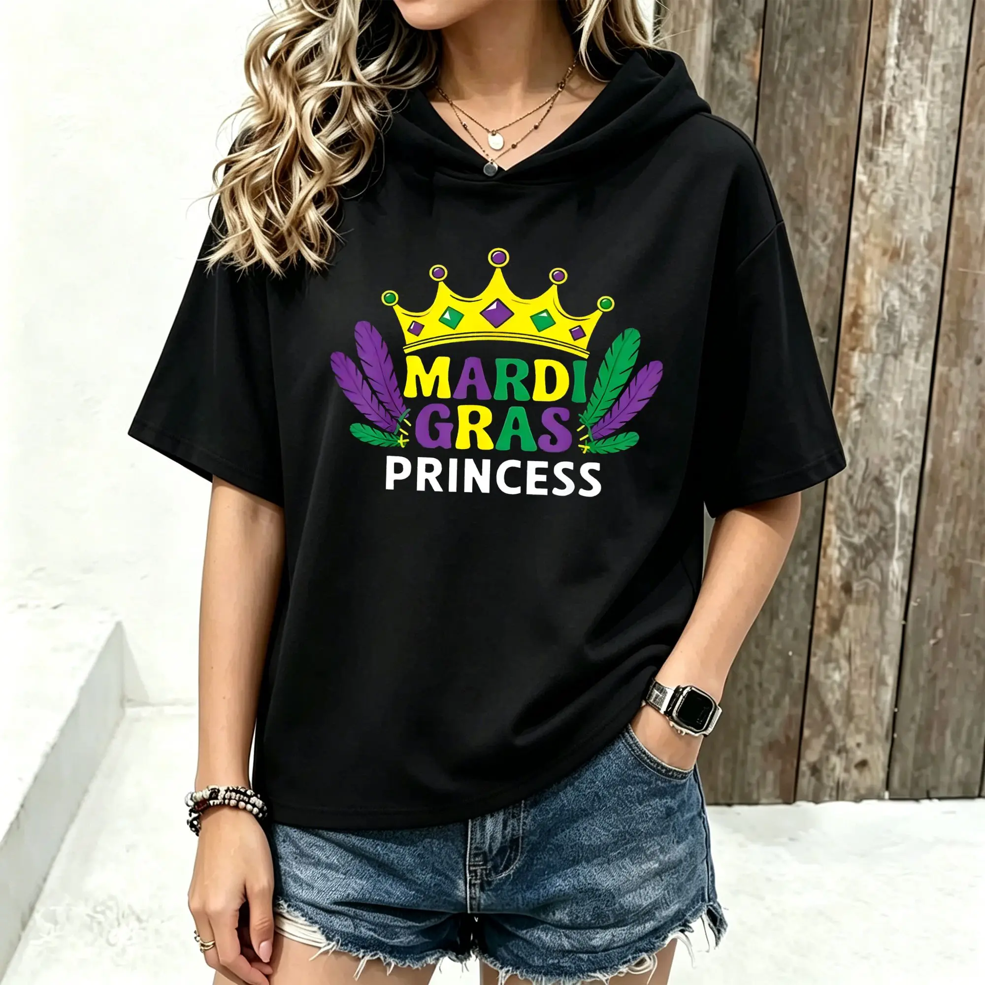 Women Short Sleeve Hoodie Mardi Gras Princess Crown Feather Print Spring Summer Casual Loose Hooded T‑Shirt