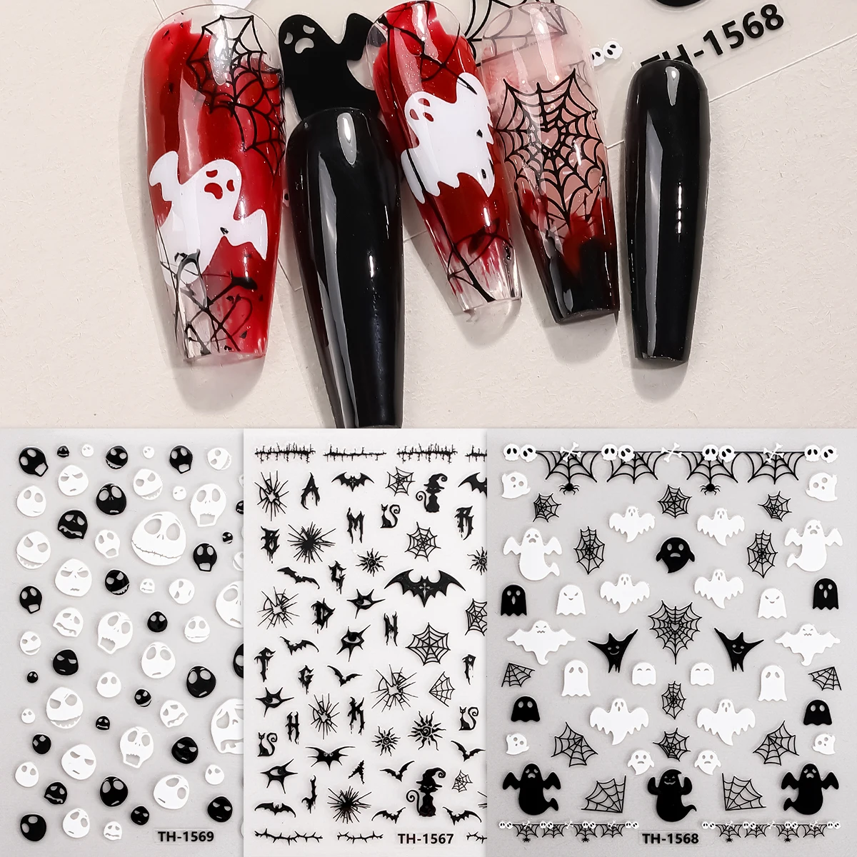 

3pcs Halloween Nail Art Sticker Black White Skull Spider Ghost Bat Self-Adhesive Nail Sticker Manicure DIY Nail Decoration Decal