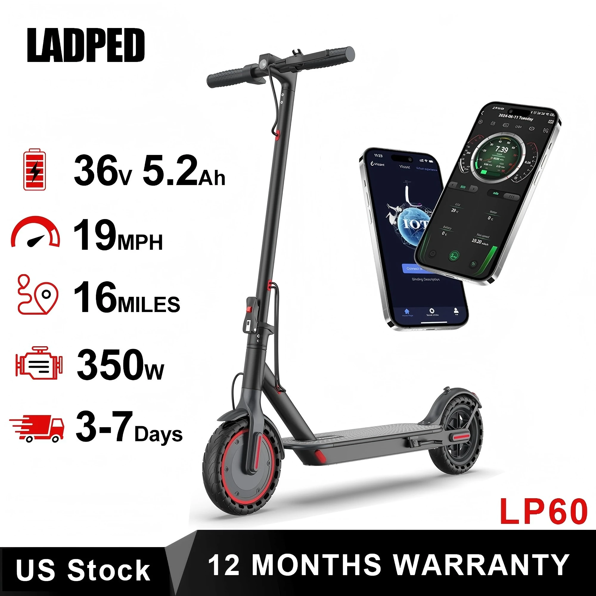 Product image for LP60 Electric Scooter 350W 19mph APP Smart Control Scooter 8.5inch tire Folding Electric Scooter 16miles Max Range for Adult