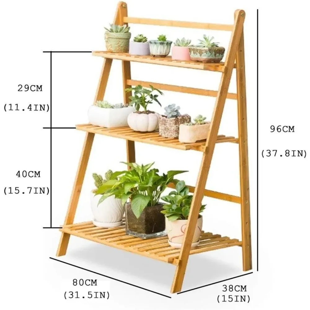 Folding Bamboo Plant Stand Indoor Outdoor Multiple Flower Pot Holder Shelf Rack Planter Display Shelving Unit in G