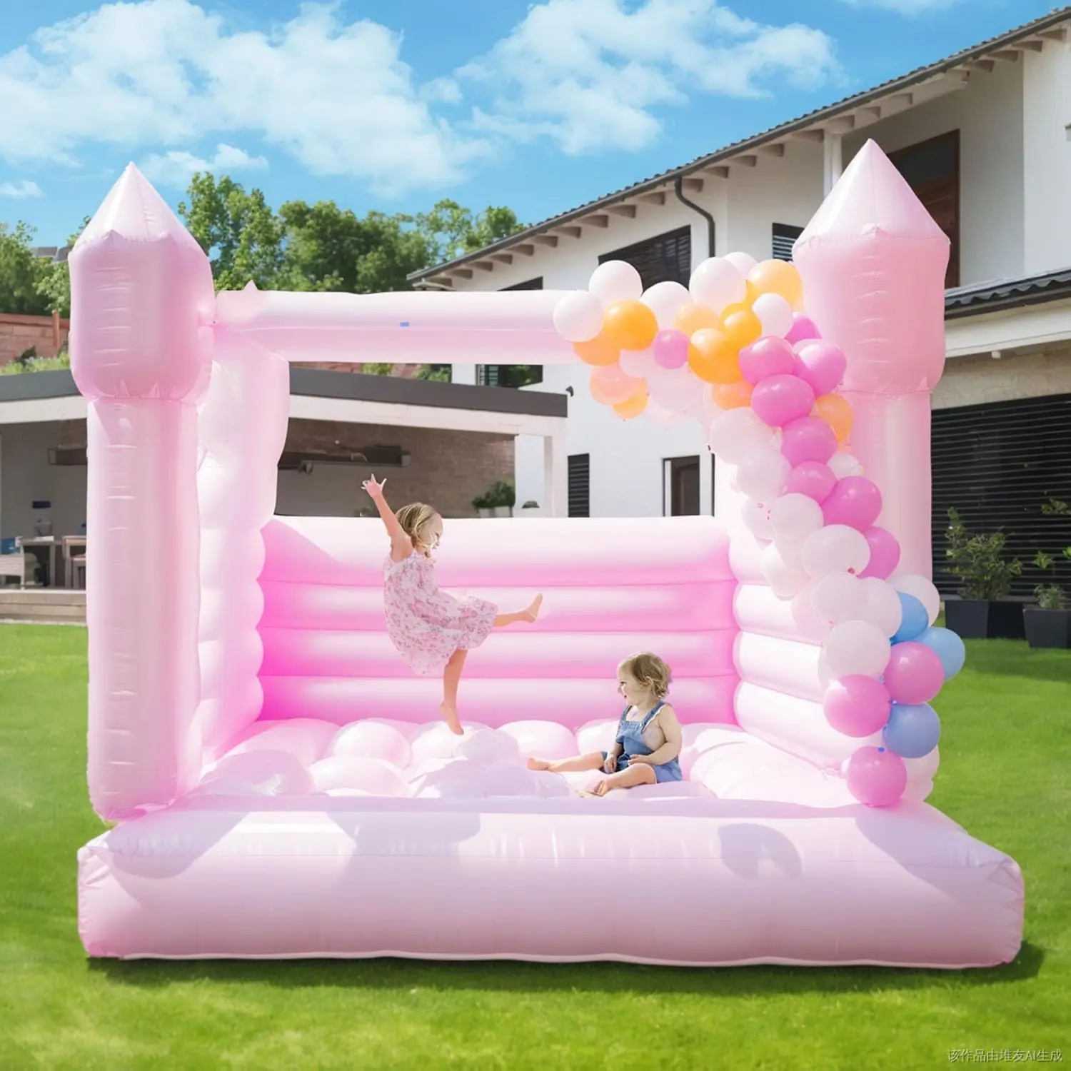 Large Pink Inflatable Bounce House Castle with Air Blower White Jumper Wedding Bouncy Castle with Canopy Covering 100% PVC