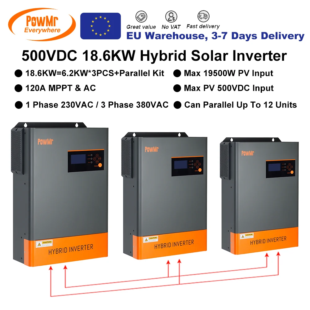 18. 6kW Hybrid Solar Inverters 48V to 230VAC/380VAC 3-Phase outputt PV 500VDC Input With 120A MPPT Solar Controller and WIFI