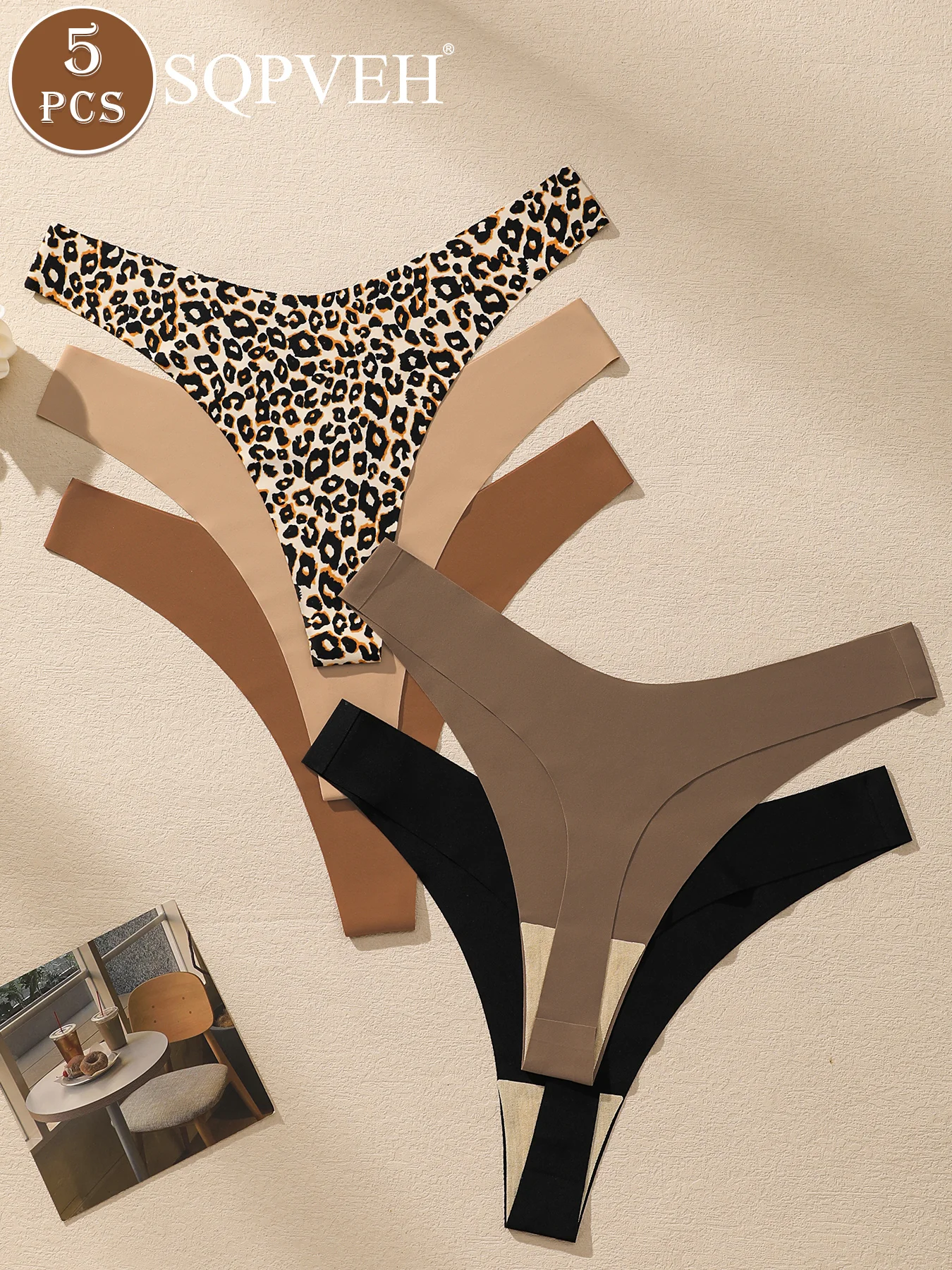 5PCS Women's Seamless Thong Panties V-Cut No Show Underwear Soft Breathable Leopard Print Briefs Daily Wear Ladies Intimates