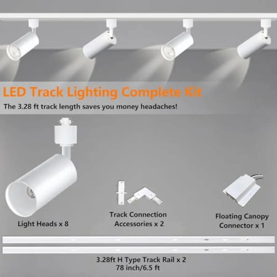 White GU10 LED Track Lighting Kit No Bulbs 10W Track Light Heads with 2 * 3.28FT H Track Light Rail 8PCS Ceiling Spotlight Fixt