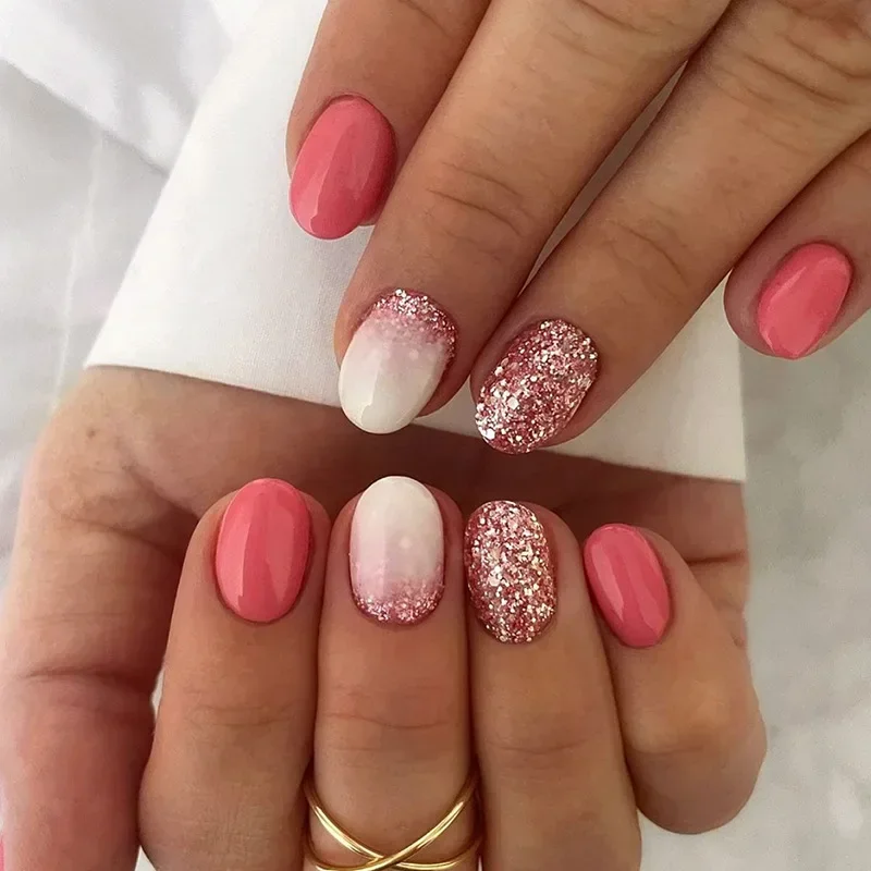 Simples Unhas Postiças com Cola, curto Amêndoa Unhas Postiças, Glitter Aurora, Cabeça Redonda, Cobertura Completa Dicas de Unhas, Imprensa Oval nas Unhas, 24pcs