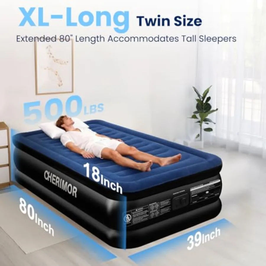 Air mattress for home and camping use, PVC material, gray color, built-in pump with 2-min fast inflation and 500 lbs support