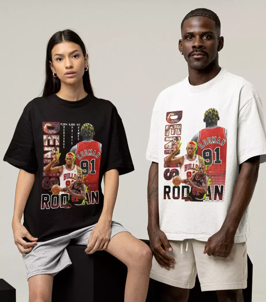 تي شيرت دينيس رودمان بأكمام قصيرة للجنسين برسوم جرافيك تي شيرت ريترو NBA Chicago Bulls