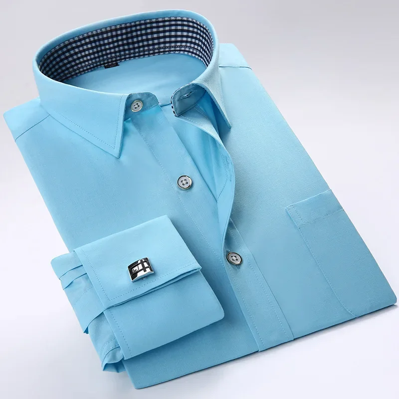 Gemelos franceses formales de calidad, camisa de manga larga para hombre, esmoquin de marca para hombre, puños con botones ajustados, camisas de vestir para fiesta y boda