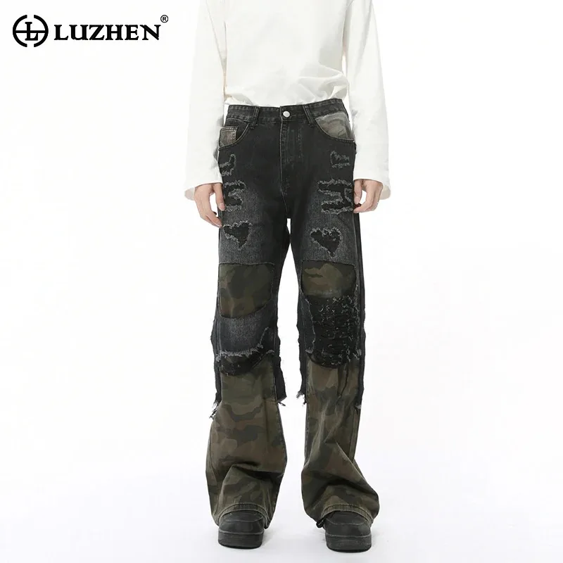 LUZHEN Jeans Camouflage Color Contrast Patchwork Patched High Street Fashion Street Popular Personalized Male Trousers JY9474
