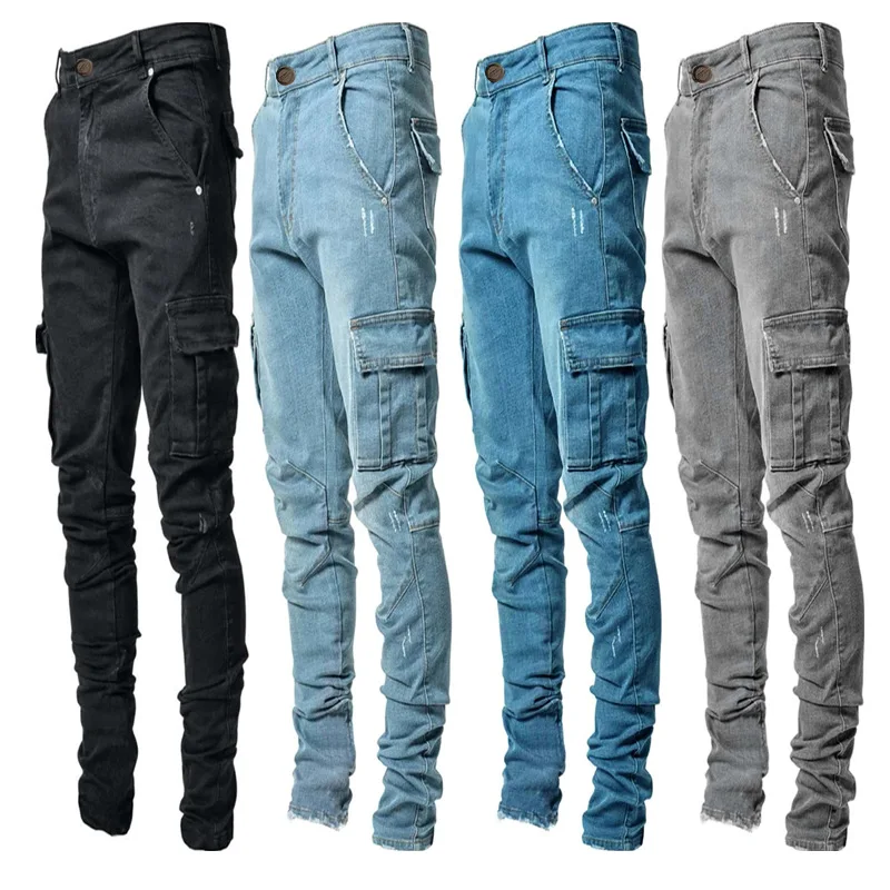 Jeans elastici da strada Pantaloni cargo in denim da uomo Lavaggio tinta unita Multi tasche Pantaloni casual a vita media Pantaloni slim fit da indossare ogni giorno