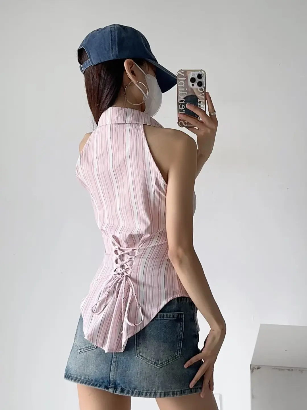 Vintage Striped Vest Back Tie Waisted Shirt Top Women Dopamine  Camisa