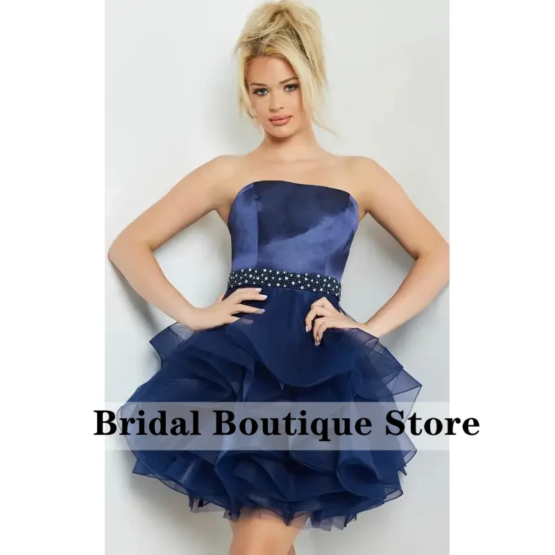 Customized Navy Blue Prom Dress Short Satin Ruffles Tulle Beaded Formal Party Gown Homecoming Gowns for Women Sexy